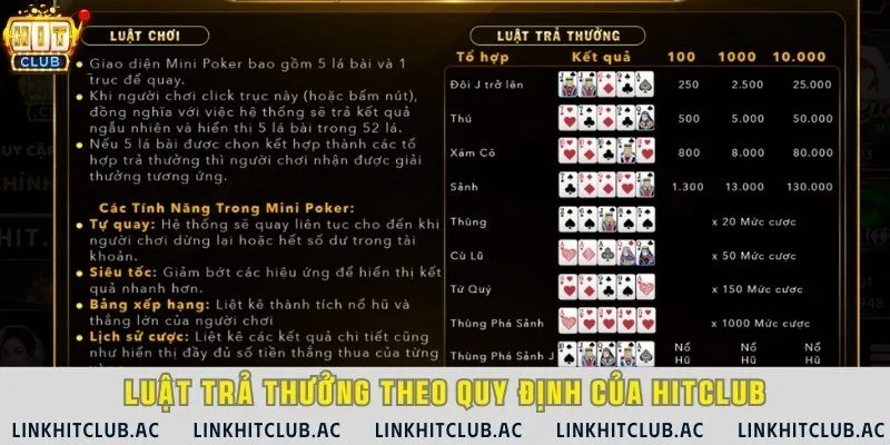 Nắm rõ luật trả thưởng khi chơi minipoker tại cổng game